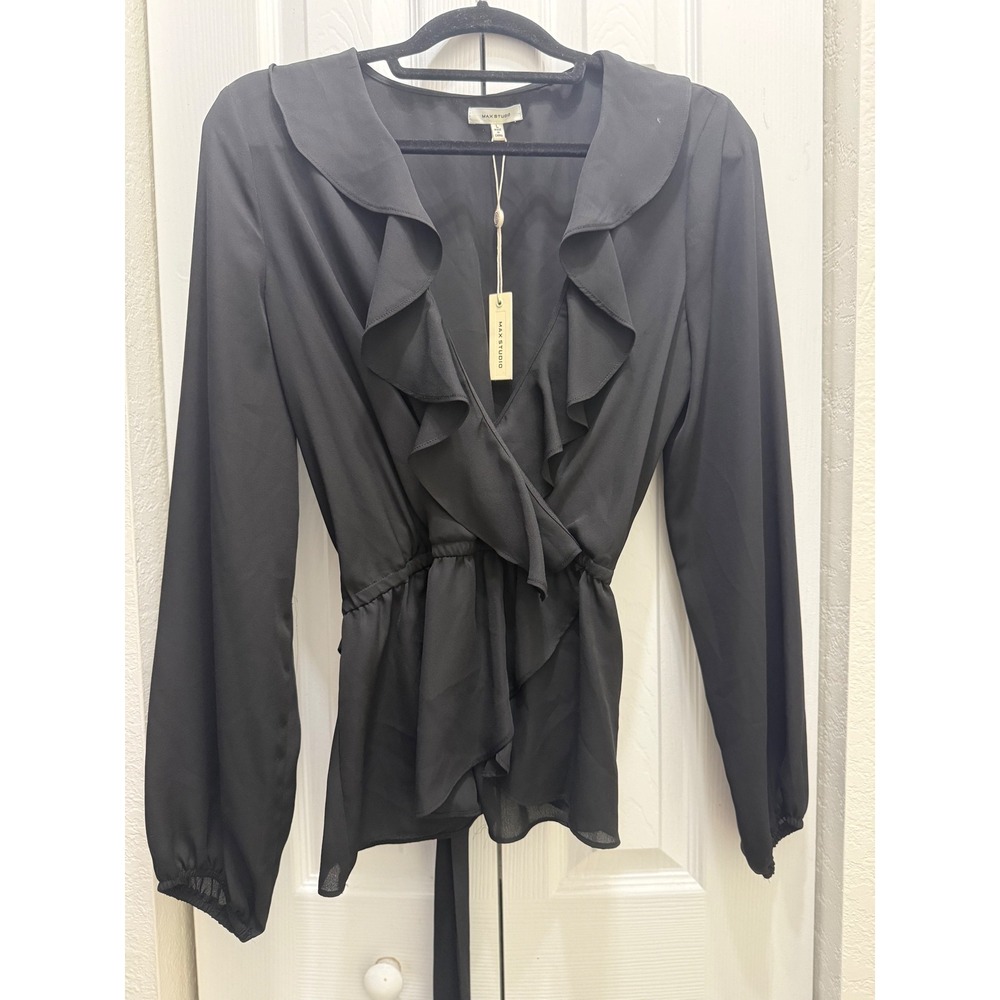 NWT Max Studio L Blouse Top Black Flare Sleeve Ruffle Witchy Whimsigoth Grunge